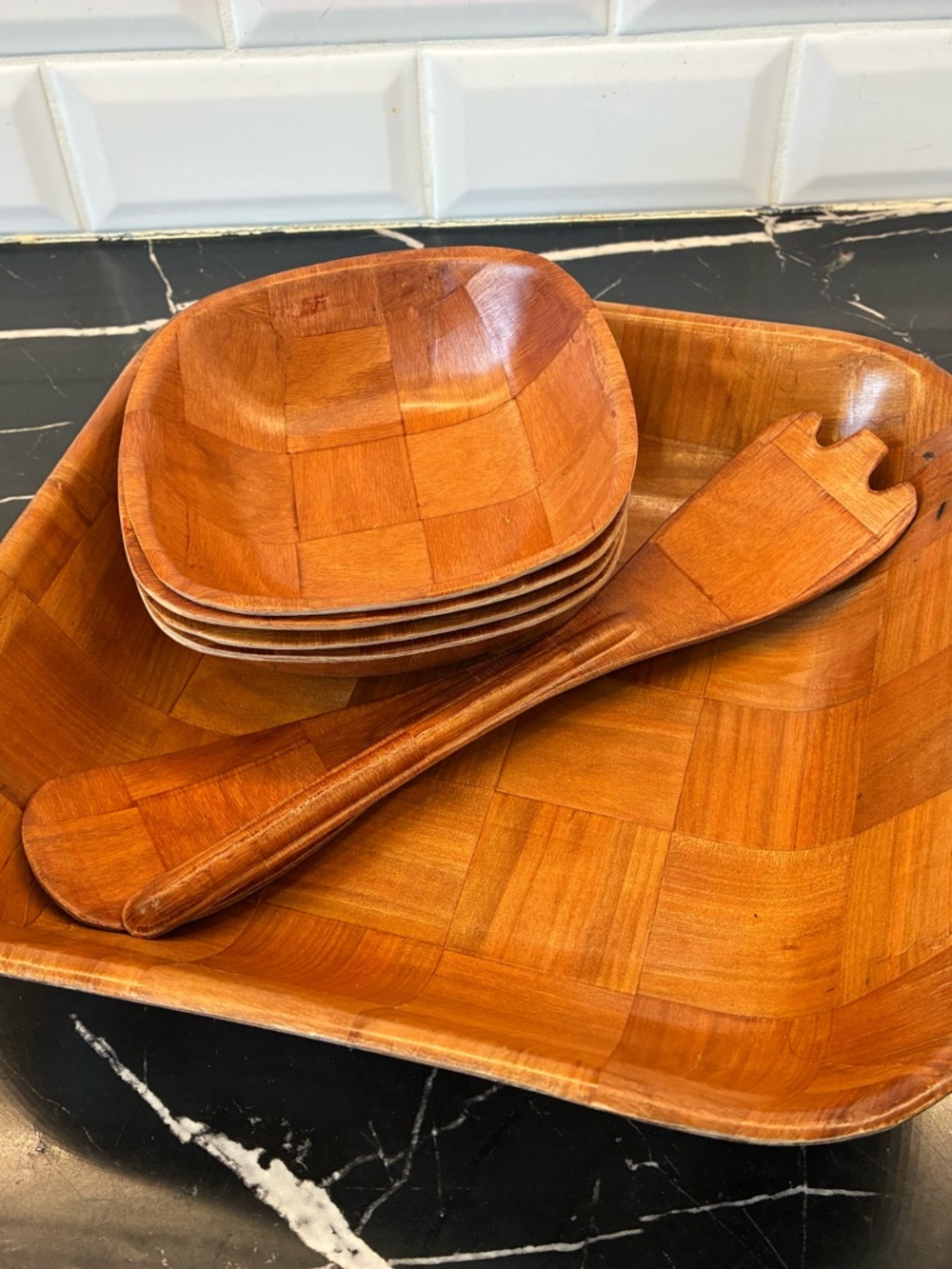 Vintage Wooden Salad Bowl Set – 7 Pieces – Mid Century Modern Serving Set
